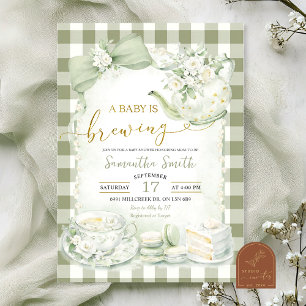 Convite Chá de Bebê Sage Green Gingham Baby está a Caminho