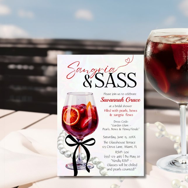 Convite Chá de Bebê Sangria & Sass Pérolas e laço (Sangria & Sass Bridal Shower Pearls and bow Invitation)