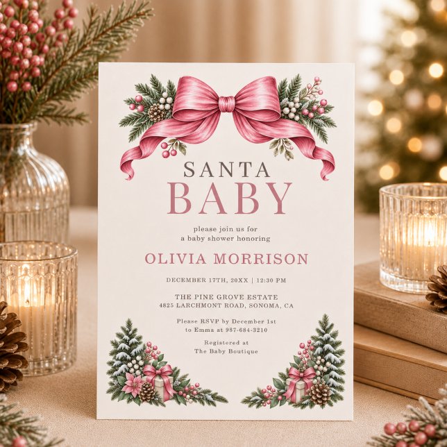 Convite Chá de Bebê Santa Baby com Laço Rosa (Criador carregado)
