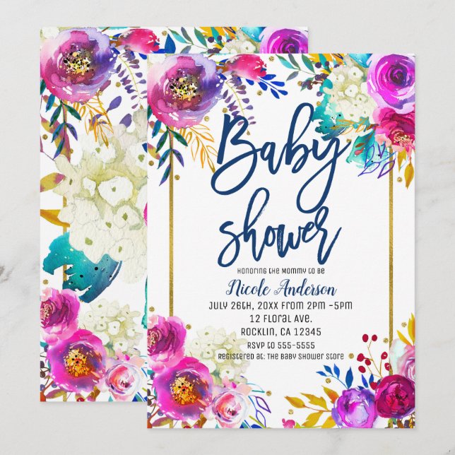 Convite Chá de Bebê Script Azul Floral Aquarela em Negrito (Frente/Verso)