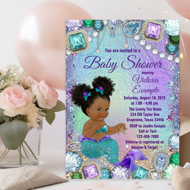 Convite Chá de Bebê Sereia Joia Afro Cabelo (Jewel mermaid baby shower invitation with adorable mermaid with afro puff hair and jewel background.)
