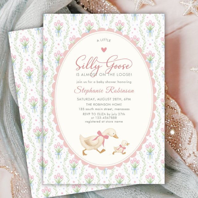 Convite Chá de Bebê Silly Goose Coquette Laço Rosa Pontinh (Criador carregado)
