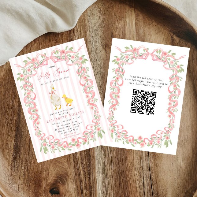 Convite Chá de Bebê Silly Goose Laço Rosa Floral Código QR (Criador carregado)