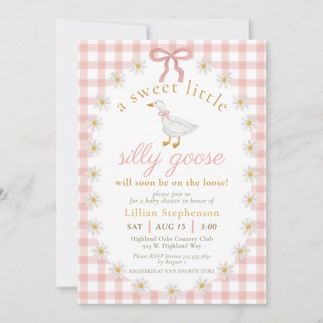 Convite Chá de Bebê Silly Goose Laço Rosa Gingham (Frente)