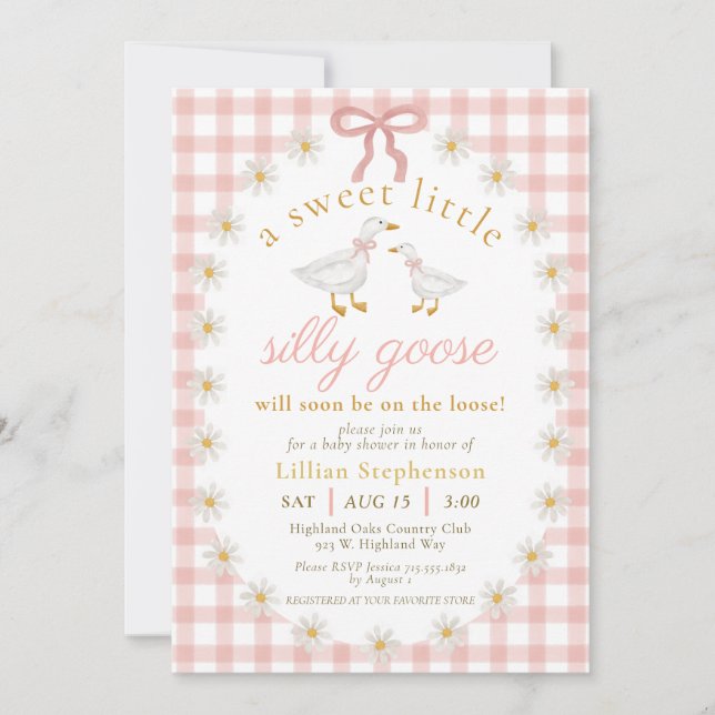Convite Chá de Bebê Silly Goose Laço Rosa Gingham (Frente)