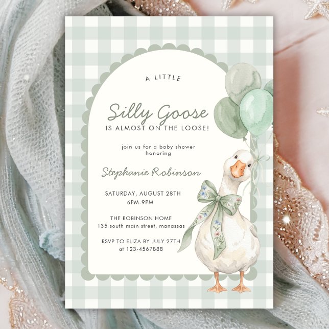 Convite Chá de Bebê Silly Goose Neutro em Xadrez Verde Sag (Criador carregado)