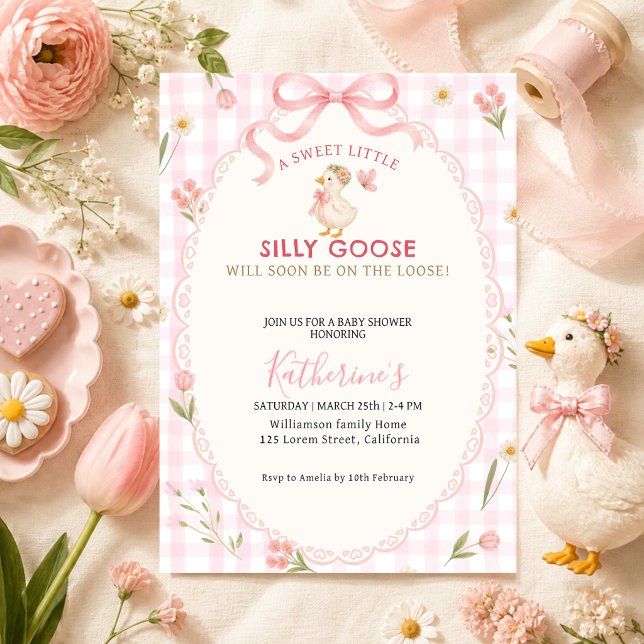 Convite Chá de bebê Silly Goose Pink gingham Girl (Criador carregado)