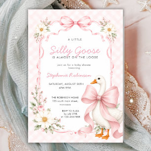 Convite Chá de Bebê Silly Goose Rosa com Laço Gingham