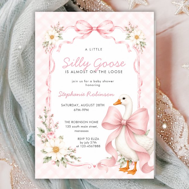 Convite Chá de Bebê Silly Goose Rosa com Laço Gingham (Criador carregado)