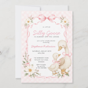 Convite Chá de Bebê Silly Goose Rosa com Laço Gingham