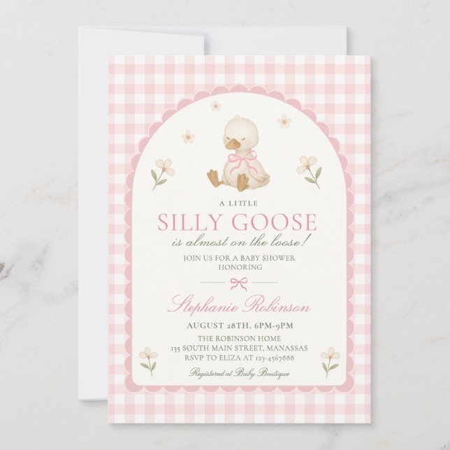 Convite Chá de Bebê Silly Goose Rosa Xadrez Arco Menina (Frente)