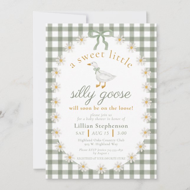 Convite Chá de Bebê Silly Goose Verde Laço Daisy Gingham (Frente)
