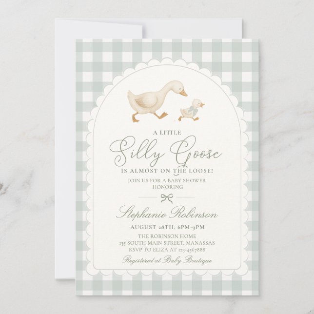 Convite Chá de Bebê Silly Goose Verde Sage Neutro Xadrez (Frente)