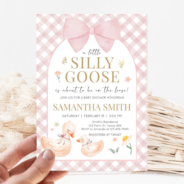Convite Chá de Bebê Silly Goose Xadrez Rosa (Silly Goose Baby Shower Invitation)