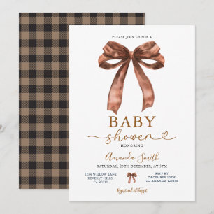 Convite Chá de Bebê Simples Coquete com Laço Marrom Elegan
