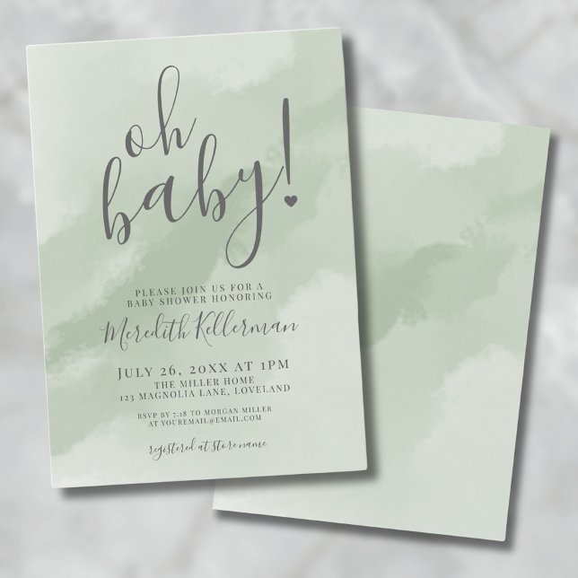 Convite Chá de Bebê Simples em Verde Salvia Oh Bebê (Simple Sage Green Baby Shower Invitation)