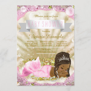 Convite Chá de Bebê Sirena Afro-Americana Dourado Rosa