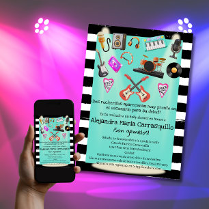 Convite Chá de Bebê Spanish Rock n Roll Gêmeas Teal