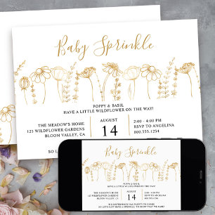Convite Chá de Bebê Sprinkle Flor Silvestre Dourada Desenh