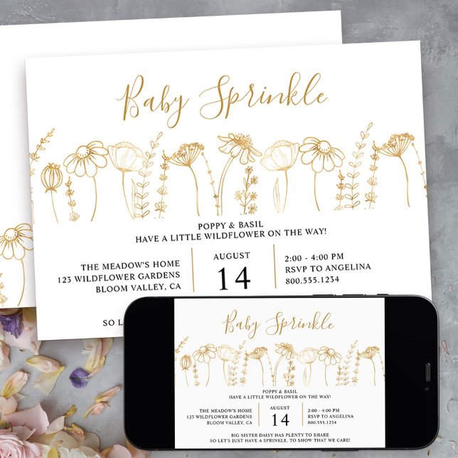 Convite Chá de Bebê Sprinkle Flor Silvestre Dourada Desenh (little wildflower sprinkle invitation in gold and white - message me to create additional templates)