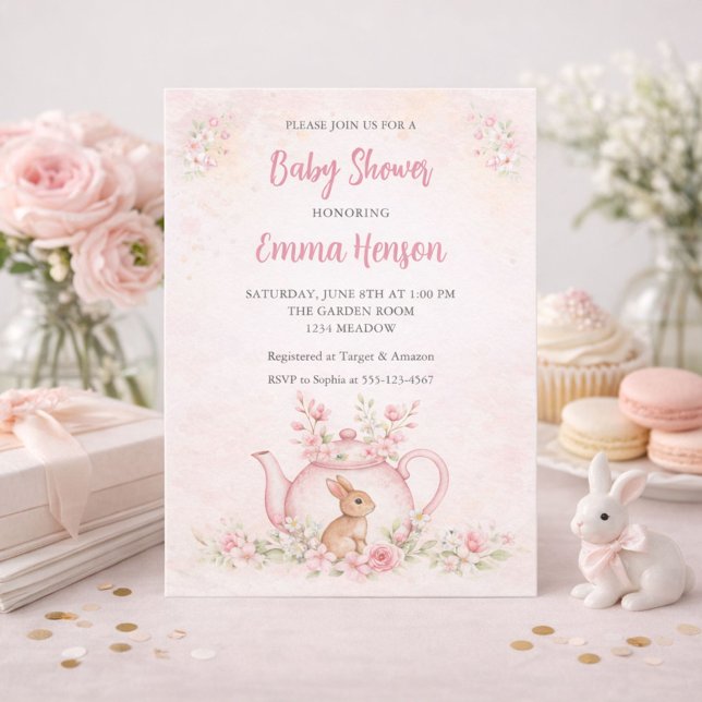Convite Chá de Bebê Sweet Bunny & Floral Teapot  (Criador carregado)