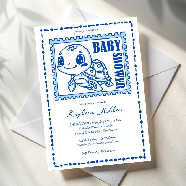 Convite Chá de bebê tartaruga fofa azul debaixo do mar (Under the sea blue cute turtle baby shower invitation cards template hand drawn post stamp turtle)
