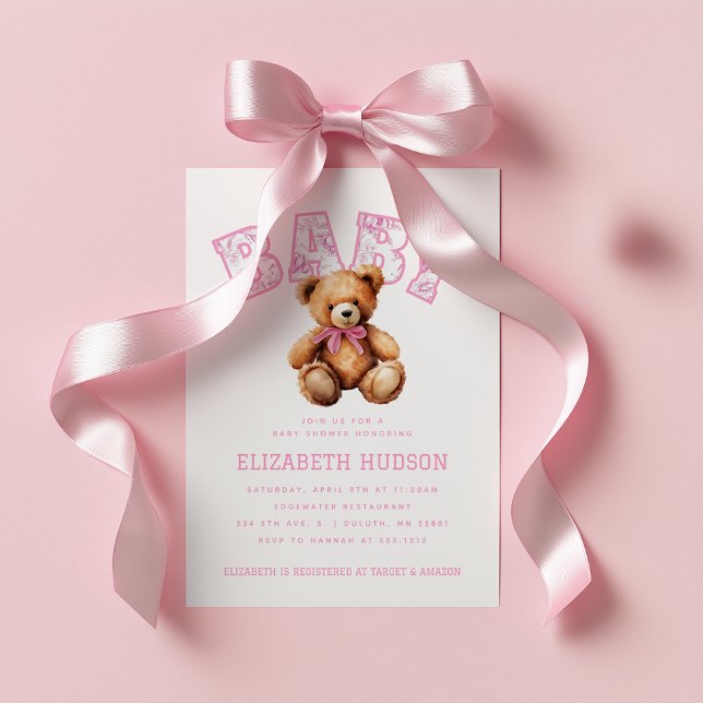 Convite Chá de Bebê Teddy Bear Rosa Preppy Varsity (Pink Preppy Varsity Teddy Bear Baby Shower Invitation)