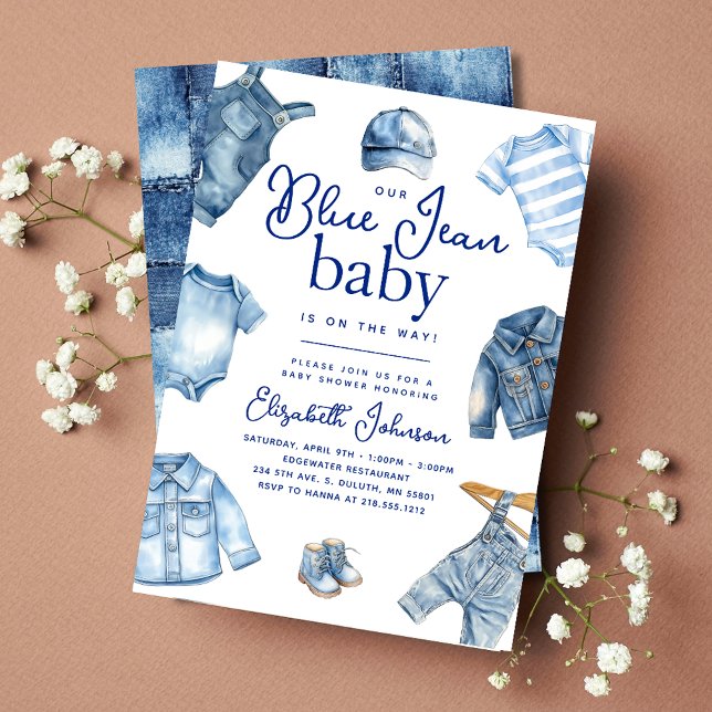 Convite Chá de Bebê Tema Jeans Azul Moderno (Modern Blue Jean Baby Denim Themed Baby Shower Invitation)