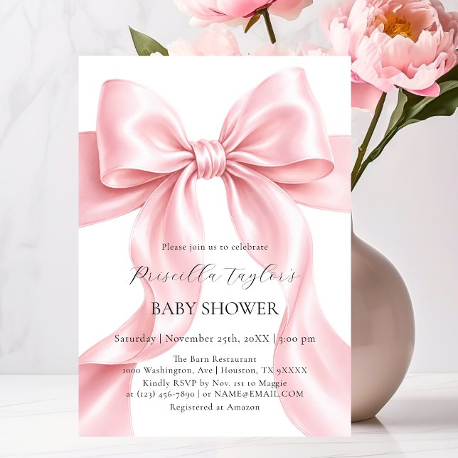 Convite Chá de Bebê Tema Menina com Laço Rosa Fofa (Cute Pink Bow Theme Girl BABY SHOWER Invitation)