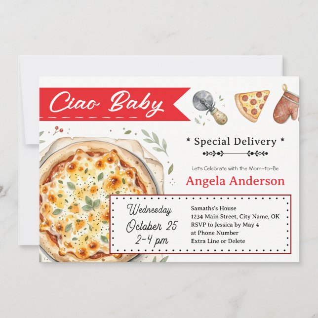 Convite Chá de Bebê Tema Pizza Ciao Baby (Frente)