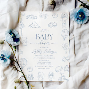 Convite Chá de Bebê Tema Toile De Jouy com Menino e Laço