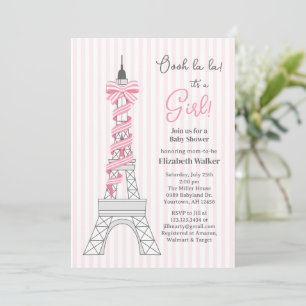 Convite Chá de Bebê Tema Torre Eiffel Paris menina rosa