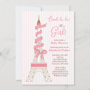 Convite Chá de Bebê Tema Torre Eiffel Paris menina rosa