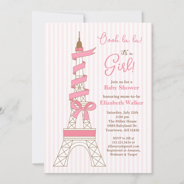 Convite Chá de Bebê Tema Torre Eiffel Paris menina rosa (Frente)