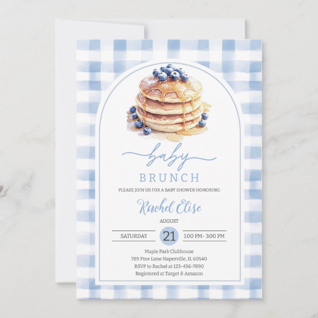 Convite Chá de Bebê Temático Brunch de Panqueca de Mirtilo (Frente)