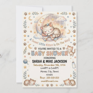 Convite Chá de Bebê Temático de Gato Adorável em Aquarela