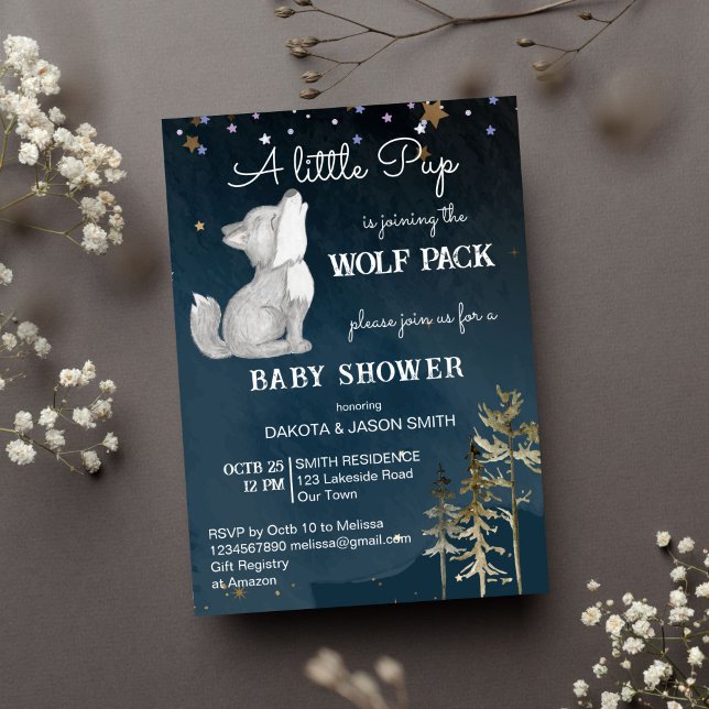 Convite Chá de bebê temático de lobo pequeno (Little wolf cute wold pup baby shower template invitation instant download dark starry night woodlan)