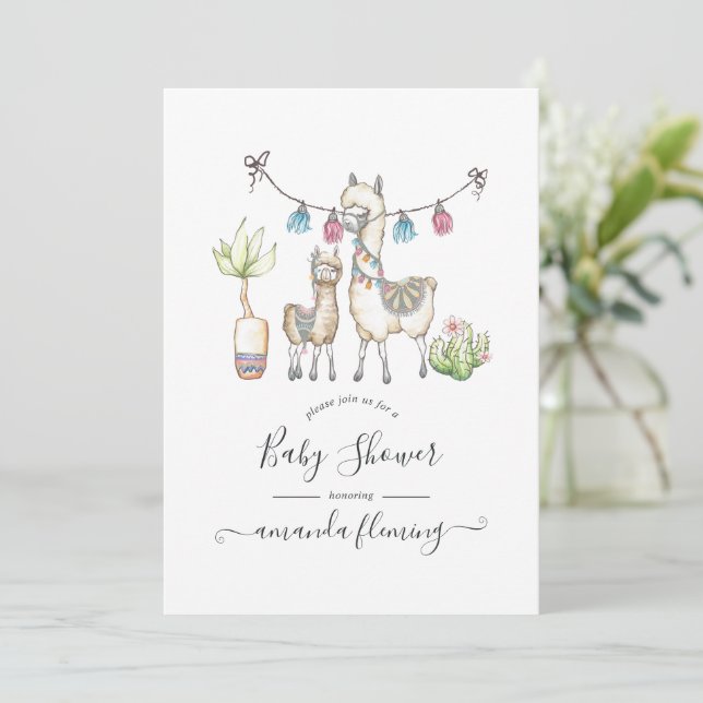 Convite Chá de Bebê temático Llama em Aquarela (Em pé/Frente)