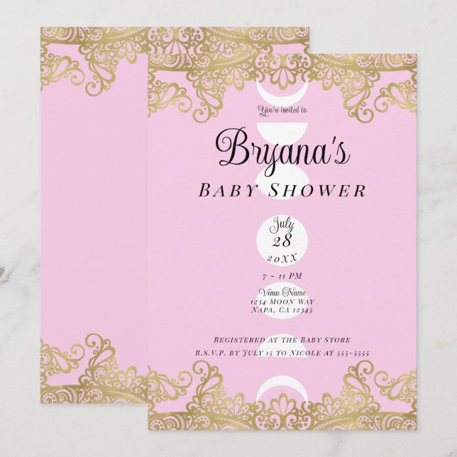 Convite Chá de Bebê Templo da Lua Rosa e Dourado Ornamenta (Frente/Verso)