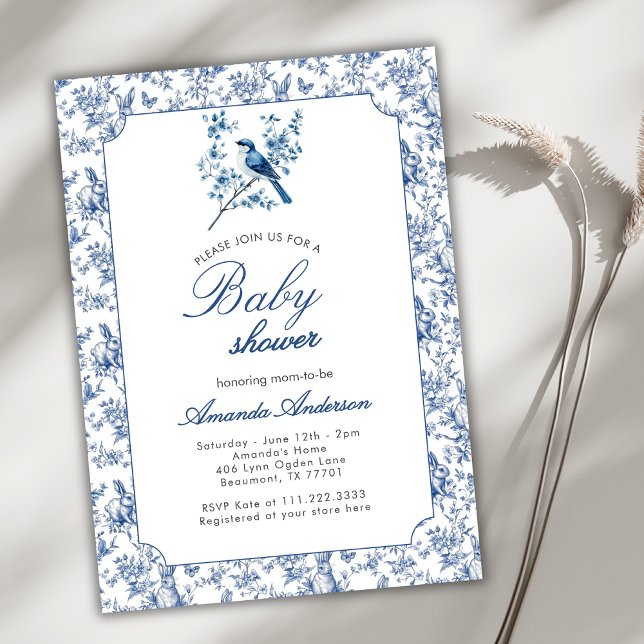 Convite Chá de Bebê Toile De Jouy Azul Coelho Passarinho V (Criador carregado)