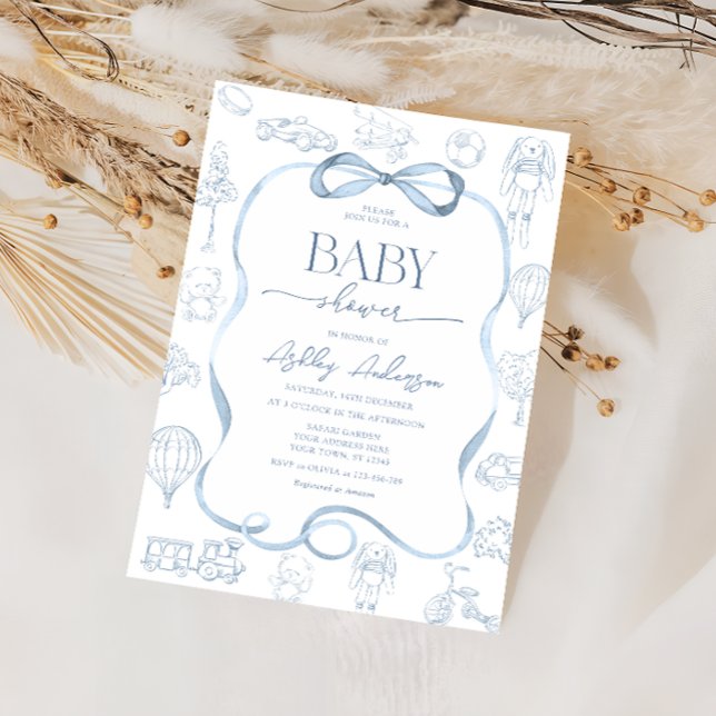 Convite Chá de Bebê Toile De Jouy com Menino de Laço (Criador carregado)