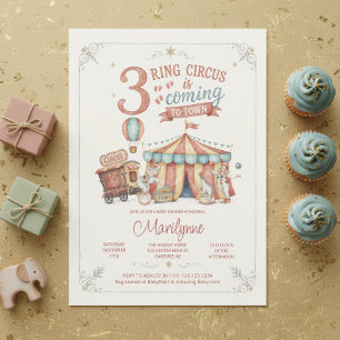 Convite Chá de Bebê Trigêmeos do Circo em Aquarela Vintage