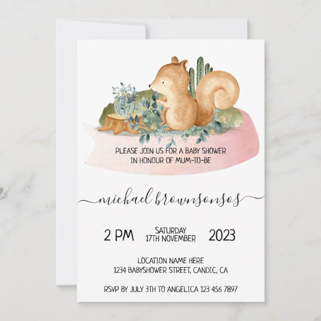 Convite Chá de Bebê Tropical Boho Animal Esquilo (Frente)