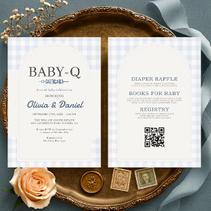 Convite Chá de Bebê 'Tudo em Um' Azul Xadrez BBQ Baby-Q