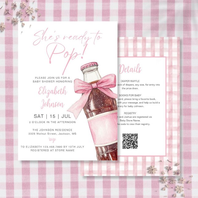 Convite Chá de Bebê Tudo em Um Garrafa de Refrigerante com (Soda Bottle Pink Bow Baby Shower All In One Invitation)