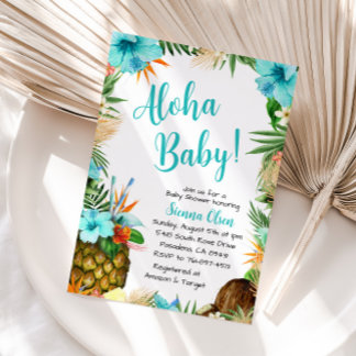 Convite Chá de Bebê Turquesa Aloha, Luau Havaiano