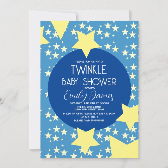 Convite Chá de Bebê Twinkle Estrelas Amarelas Fundo Azul (Frente)