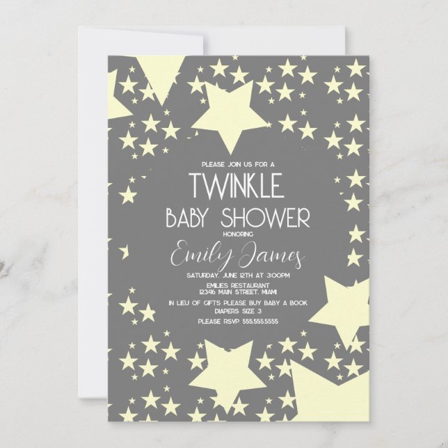 Convite Chá de Bebê Twinkle Estrelas Amarelas Fundo Cinza (Frente)