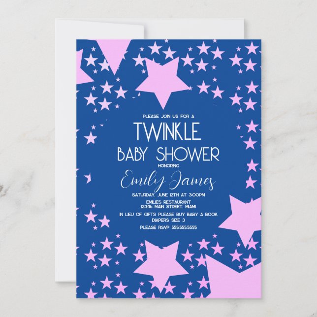 Convite Chá de Bebê Twinkle Estrelas Rosas Fundo Azul (Frente)