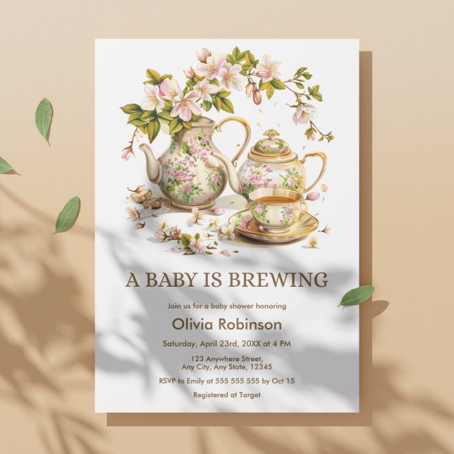 Convite Chá de Bebê Um Bebê Está Cozinhando Chá de Bebê Fl (Floral A Baby is Brewing Baby Shower Invitation )